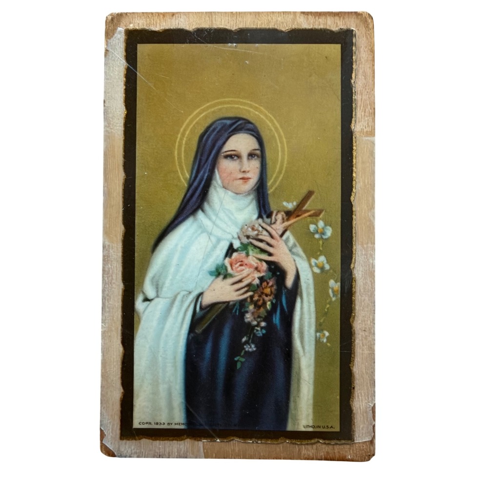 Vintage 1933 Saint Therese of Lisieux Wood Plaque Lithograph Religious Icon 4in